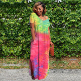 EVE Plus Size Tie Dye V Neck Split Short Sleeve Maxi Dress WAF-7146