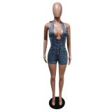 EVE Plus Size Denim Halter Backless Jeans Romper MEM-8336