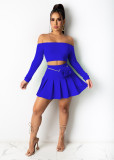 EVE Solid Long Sleeve Slash Neck Pleated Mini Skirt 2 Piece Sets ML-7426
