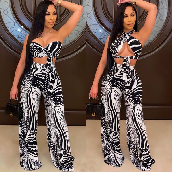 EVE Sexy Printed Cross Strap Backless Wide Leg Jumpsuit CHY-1316