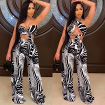 Sexy Printed Crop Top Flared Pants Two Piece Sets YYGF-1069