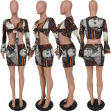 EVE Sexy Printed Long Sleeve Mini Skirt 2 Piece Sets ANNF-6046