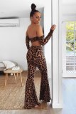 EVE Sexy Leopard Print Long Sleeve Flared Pant 2 Piece Sets FOSF-8053