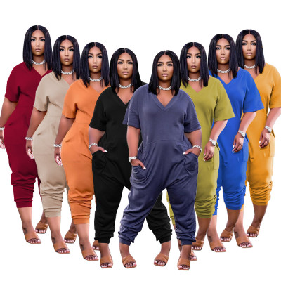 EVE Plus Size Solid V Neck Short Sleeve Loose Jumpsuits BDF-8059