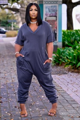 EVE Plus Size Solid V Neck Short Sleeve Loose Jumpsuits BDF-8059