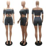 EVE Plaid Slash Neck Crop Top And Shorts 2 Piece Sets MAE-2078