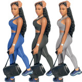EVE Fashion Sports Fitness Solid Color Tight One-shoulder Camisole Top And Pants 2 Piece Sets BLX-8002