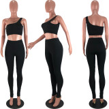 EVE Fashion Sports Fitness Solid Color Tight One-shoulder Camisole Top And Pants 2 Piece Sets BLX-8002