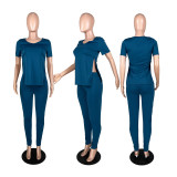 EVE Solid Short Sleeve Split Top And Pants 2 Piece Sets YFS-3679