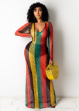 EVE Colorful Striped Gird Hollow Out Long Club Dress TE-4224
