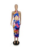 EVE Sexy Printed Halter Crop Top Long Skirt 2 Piece Sets CHY-1317