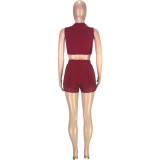 EVE Fashion Casual Solid Color Vest Shorts Mesh Splice Side Split Sports 2 Piece Sets MEI-9159