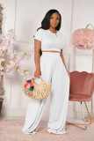 EVE Casual Solid Color Short Sleeve Wide Leg Pants Two Piece Sets FOSF-8059