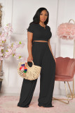 EVE Casual Solid Color Short Sleeve Wide Leg Pants Two Piece Sets FOSF-8059