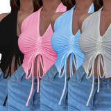 EVE Sexy V Neck Ruched Halter Crop Tops AWF-5849