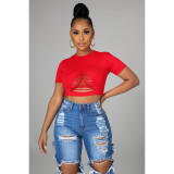 EVE Solid Short Sleeve Hollow Out Cropped T Shirt AWF-5847