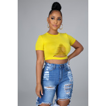EVE Solid Short Sleeve Hollow Out Cropped T Shirt AWF-5847