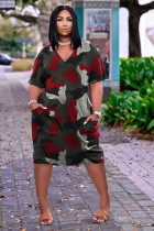 EVE Plus Size Loose Print V-neck Casual Midi Dress TK-6159