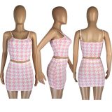 EVE Houndstooth Print Cami Top Mini Skirt Two Piece Sets LM-8229