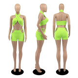 EVE Sexy Solid Halter Crop Top And Shorts 2 Piece Sets DDF-8077