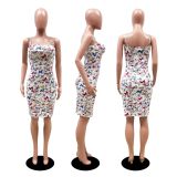 EVE Butterfly Print Spaghetti Strap Bodycon Dress With Mask DDF-8031