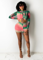 Tie Dye Ruched Long Sleeve Mini Skirt 2 Piece Sets BS-1260