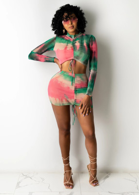 EVE Tie Dye Ruched Long Sleeve Mini Skirt 2 Piece Sets BS-1260