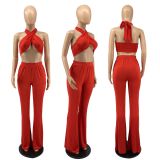 EVE Sexy Solid Halter Crop Top Wide Leg Pants 2 Piece Sets IV-8201