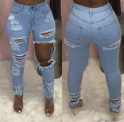 Plus Size Fashion Ripped Hole Slim-fit Jeans LSL-6423