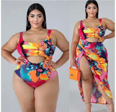 EVE Plus Size Printed Bodysuit Swimsuit+Long Skirt 2pcs Beachwear CYA-1053