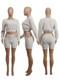 EVE Solid Long Sleeve Lace Up Shorts 2 Piece Sets SXF-3108