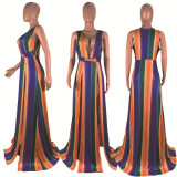EVE Rainbow Stripe V Neck High Split Sleeveless Maxi Dress DAI-8165