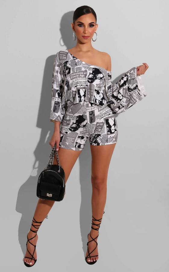 EVE Newspaper Print Off Shoulder Two Piece Shorts Set AIBF-6618
