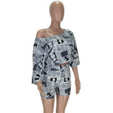 EVE Newspaper Print Off Shoulder Two Piece Shorts Set AIBF-6618