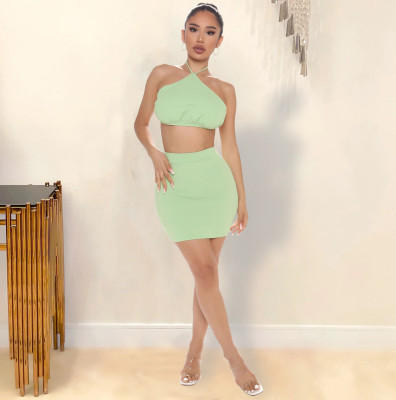 EVE Sexy Solid Halter Crop Top Mini Skirt Two Piece Sets YIBF-6061