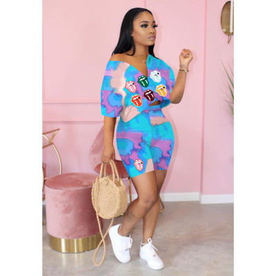 EVE Tie Dye Lip Print Casual Two Piece Short Sets OY-6279