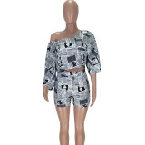 EVE Newspaper Print Off Shoulder Two Piece Shorts Set AIBF-6618