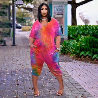 EVE Plus Size Tie Dye V Neck Loose Capri Jumpsuit BDF-8067