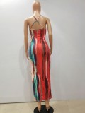 EVE Tie Dye Print Backless Cross Strap Split Maxi Dress NYF-8056