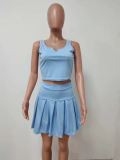 EVE Solid Color Sleeveless Pleated Mini Skirt Two Piece Sets LSD-9121