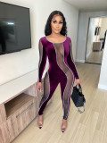 EVE Plus Size Sexy Velvet Mesh Patchwork Long Sleeve Jumpsuit LX-6889