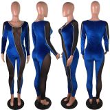 EVE Plus Size Sexy Velvet Mesh Patchwork Long Sleeve Jumpsuit LX-6889