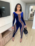 EVE Plus Size Sexy Velvet Mesh Patchwork Long Sleeve Jumpsuit LX-6889