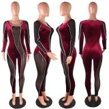 EVE Plus Size Sexy Velvet Mesh Patchwork Long Sleeve Jumpsuit LX-6889