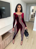 EVE Plus Size Sexy Velvet Mesh Patchwork Long Sleeve Jumpsuit LX-6889