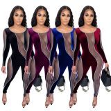 EVE Plus Size Sexy Velvet Mesh Patchwork Long Sleeve Jumpsuit LX-6889