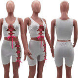 EVE Sexy Lace Up Hollow Sleeve 2 Piece Short Sets HM-6518