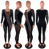 EVE Plus Size Sexy Velvet Mesh Patchwork Long Sleeve Jumpsuit LX-6889