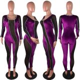 EVE Plus Size Sexy Velvet Mesh Patchwork Long Sleeve Jumpsuit LX-6889