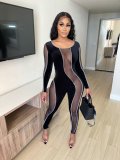 EVE Plus Size Sexy Velvet Mesh Patchwork Long Sleeve Jumpsuit LX-6889